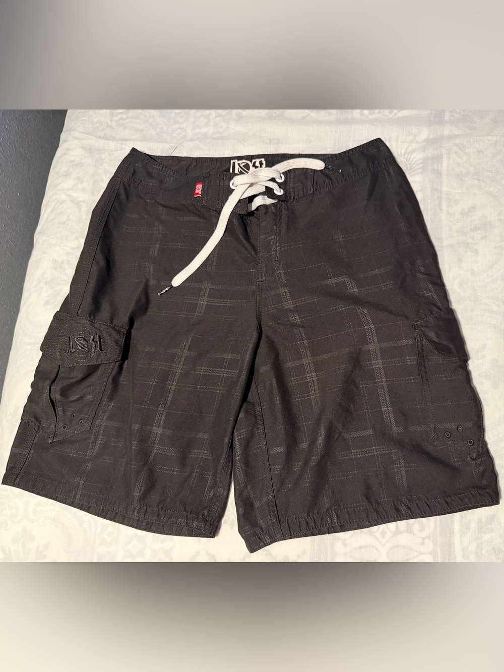 Lost Y2K Men's Black Plaid Swim Board Shorts with White Drawstring